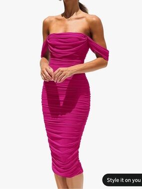Off-Shoulder Ruched Midi Dress in Fuchsia Pink pretty garden